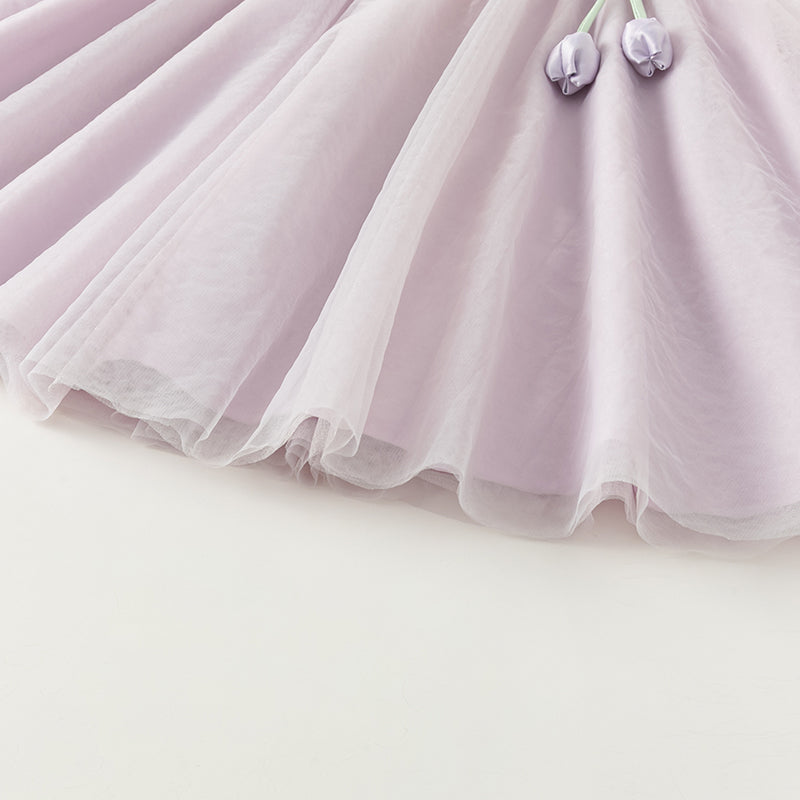 فستان بنات طويل الأكمام من التول باللون البنفسجي الغباري بأسلوب صيني عصري