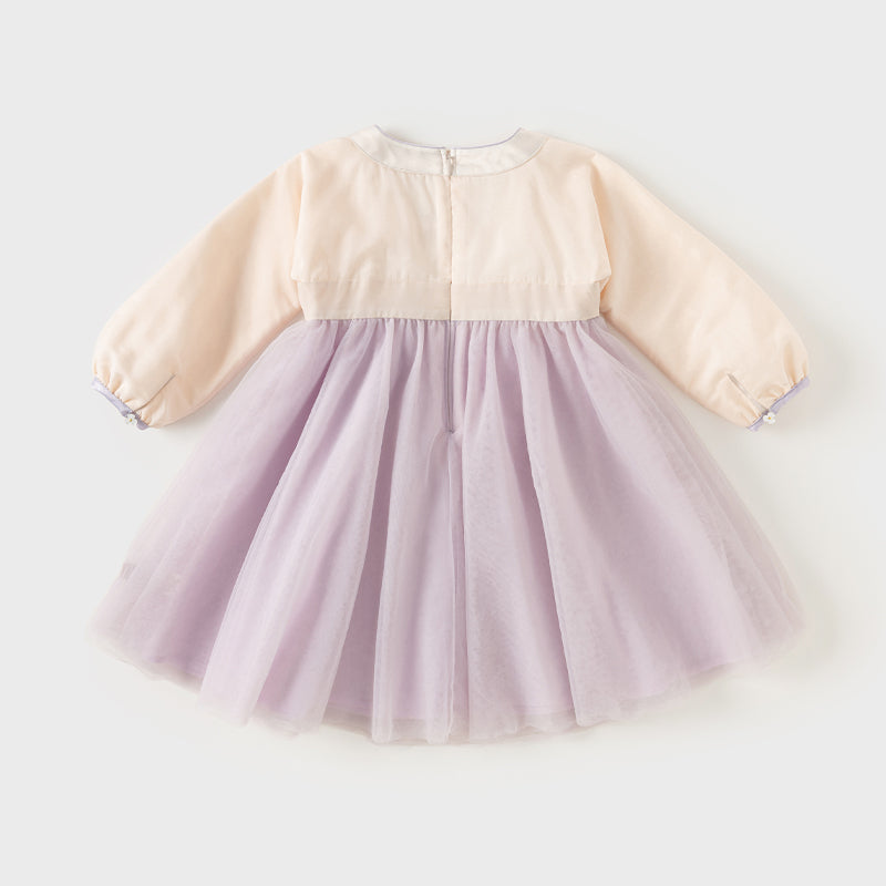 فستان بنات طويل الأكمام من التول باللون البنفسجي الغباري بأسلوب صيني عصري