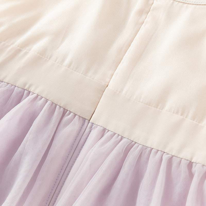 فستان بنات طويل الأكمام من التول باللون البنفسجي الغباري بأسلوب صيني عصري