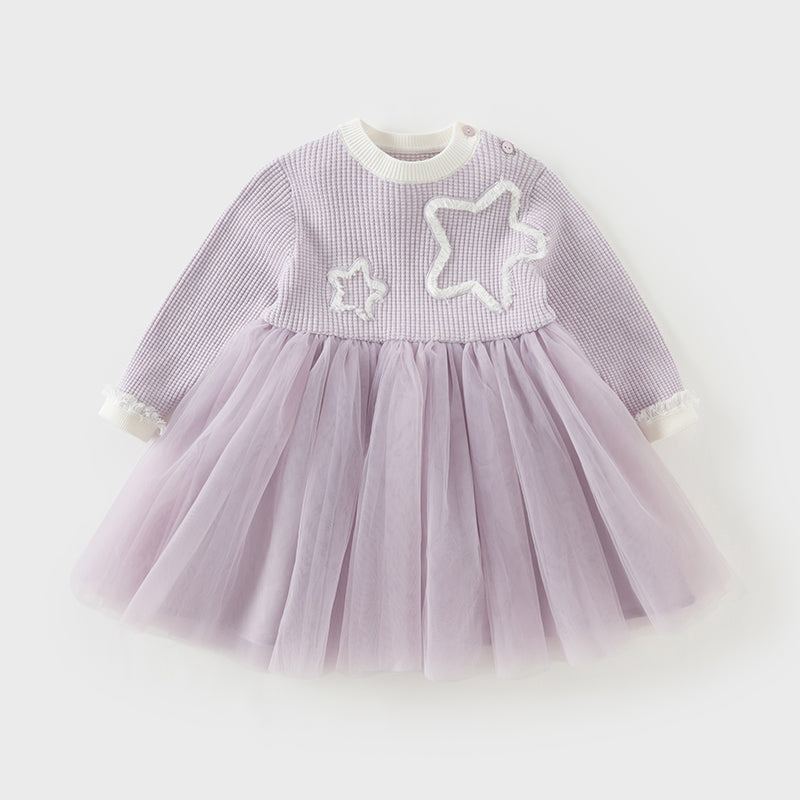 فستان بنات بأكمام طويلة بنفسجي من قماش محبوك مزين بنجوم وشراشيب وتنورة تول