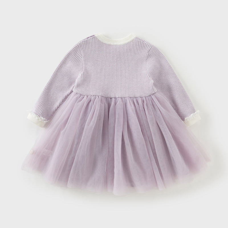 فستان بنات بأكمام طويلة بنفسجي من قماش محبوك مزين بنجوم وشراشيب وتنورة تول