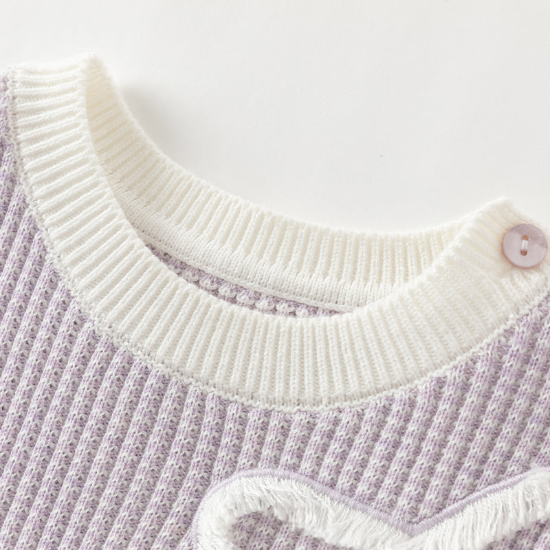 فستان بنات بأكمام طويلة بنفسجي من قماش محبوك مزين بنجوم وشراشيب وتنورة تول