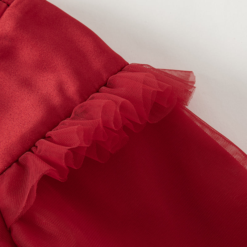 فستان بنات بأكمام طويلة من التول أحمر تصميم أميري