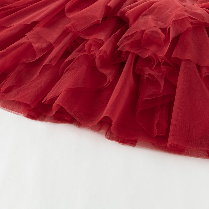 فستان بنات بأكمام طويلة من التول أحمر تصميم أميري