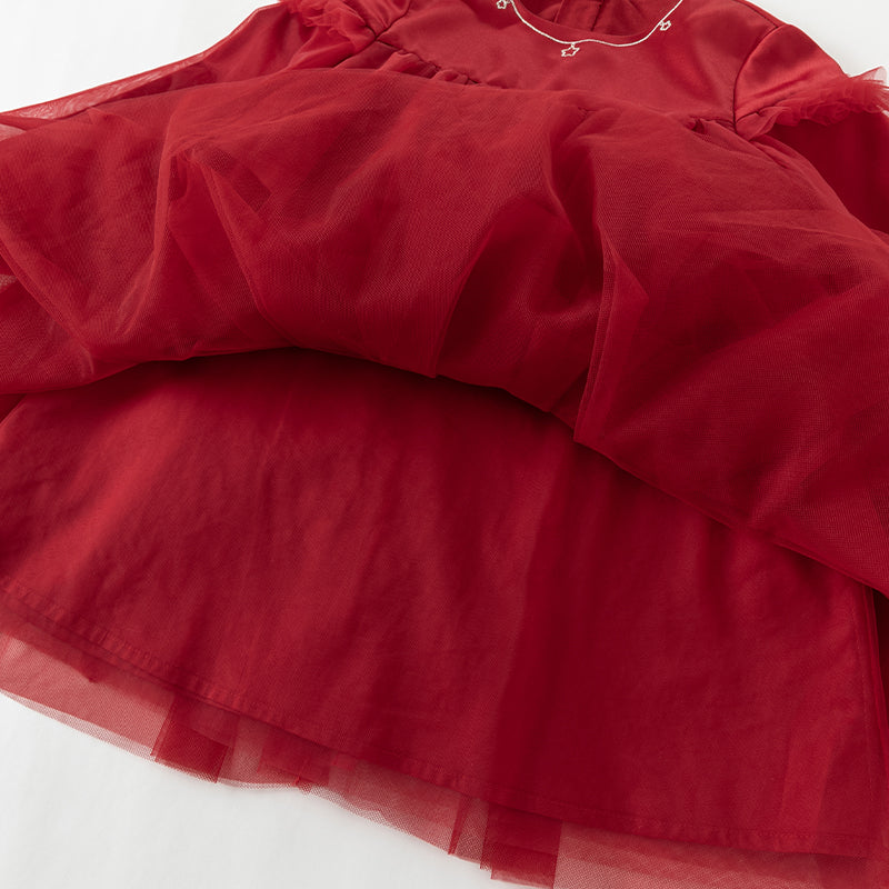 فستان بنات بأكمام طويلة من التول أحمر تصميم أميري