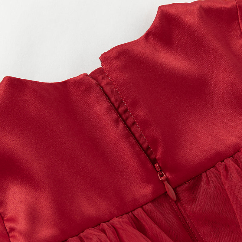 فستان بنات بأكمام طويلة من التول أحمر تصميم أميري