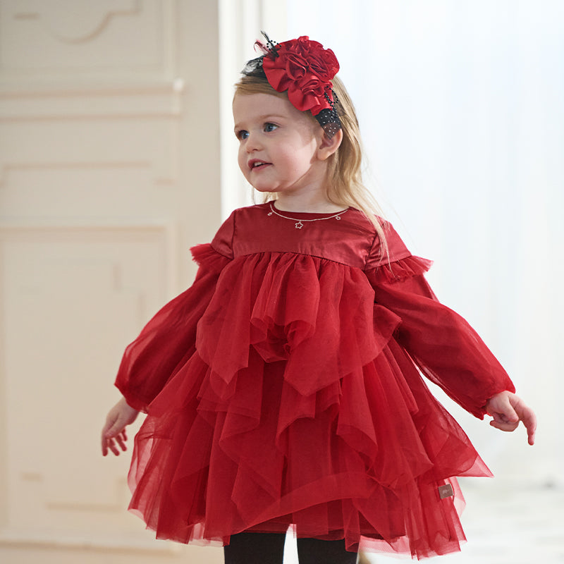 فستان بنات بأكمام طويلة من التول أحمر تصميم أميري