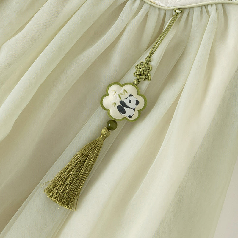 فستان بنات طويل الأكمام من التول باللون الأخضر الفاصوليائي بأسلوب صيني عصري (يشمل زينة تدلي من الخيوط الصينية)