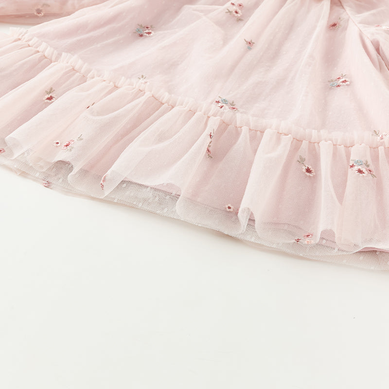 فستان للبنات الصغيرات بأكمام طويلة من التول الوردي بتصميم أنيق مزين بتطريز زهور (يشمل حقيبة كروس)