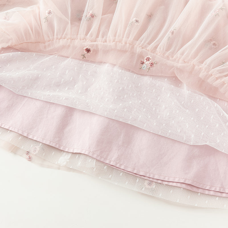 فستان للبنات الصغيرات بأكمام طويلة من التول الوردي بتصميم أنيق مزين بتطريز زهور (يشمل حقيبة كروس)