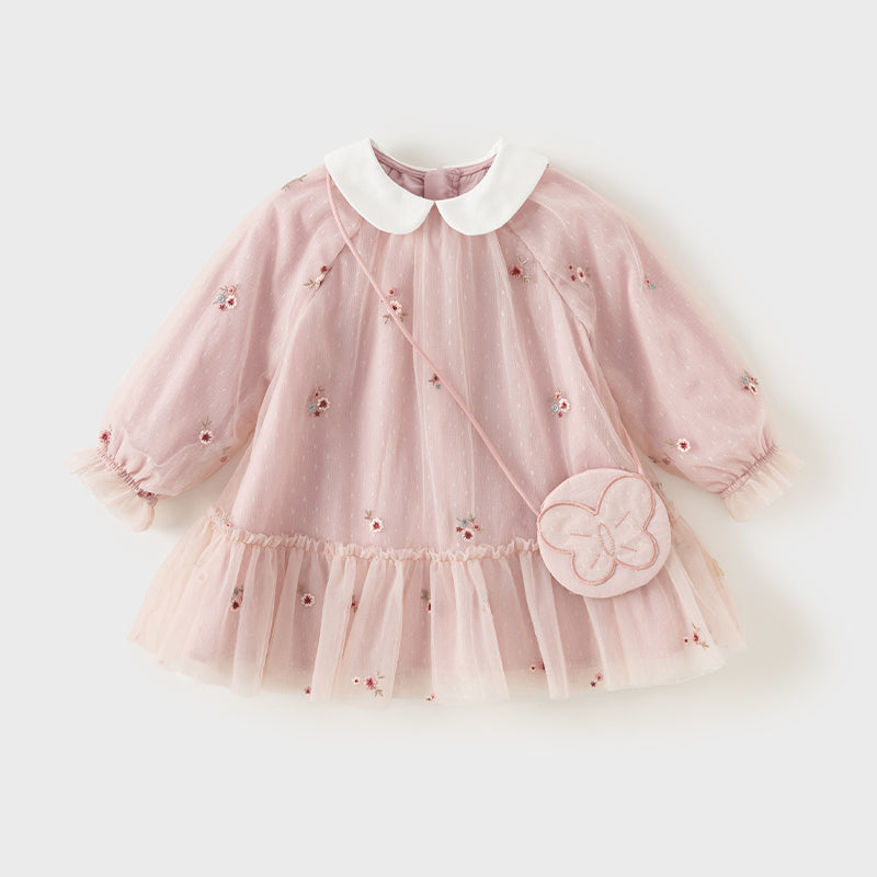 فستان للبنات الصغيرات بأكمام طويلة من التول الوردي بتصميم أنيق مزين بتطريز زهور (يشمل حقيبة كروس)