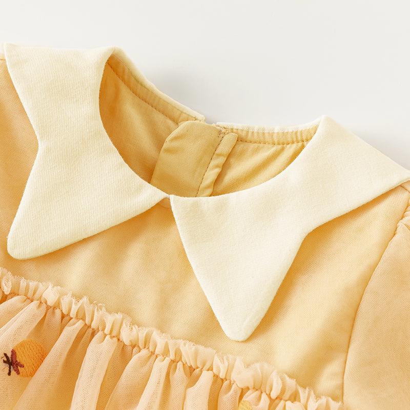 فستان بنات طويل الأكمام من التول باللون البرتقالي بأسلوب لطيف(يشمل حقيبة كروس)