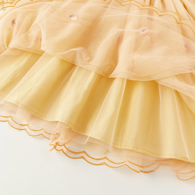 فستان بنات طويل الأكمام من التول باللون البرتقالي بأسلوب لطيف(يشمل حقيبة كروس)