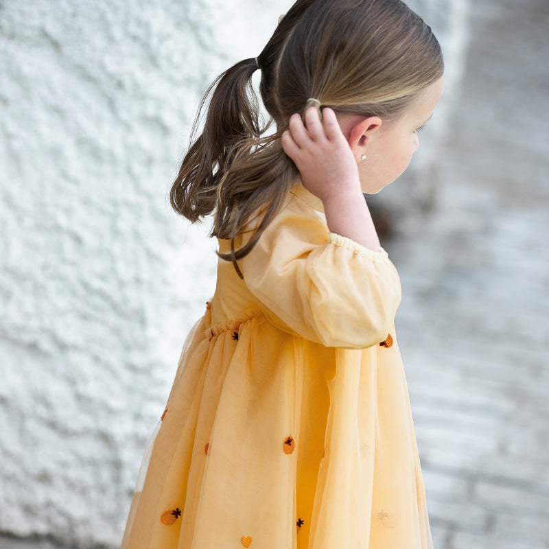 فستان بنات طويل الأكمام من التول باللون البرتقالي بأسلوب لطيف(يشمل حقيبة كروس)