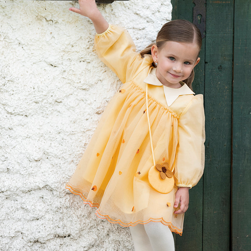 فستان بنات طويل الأكمام من التول باللون البرتقالي بأسلوب لطيف(يشمل حقيبة كروس)