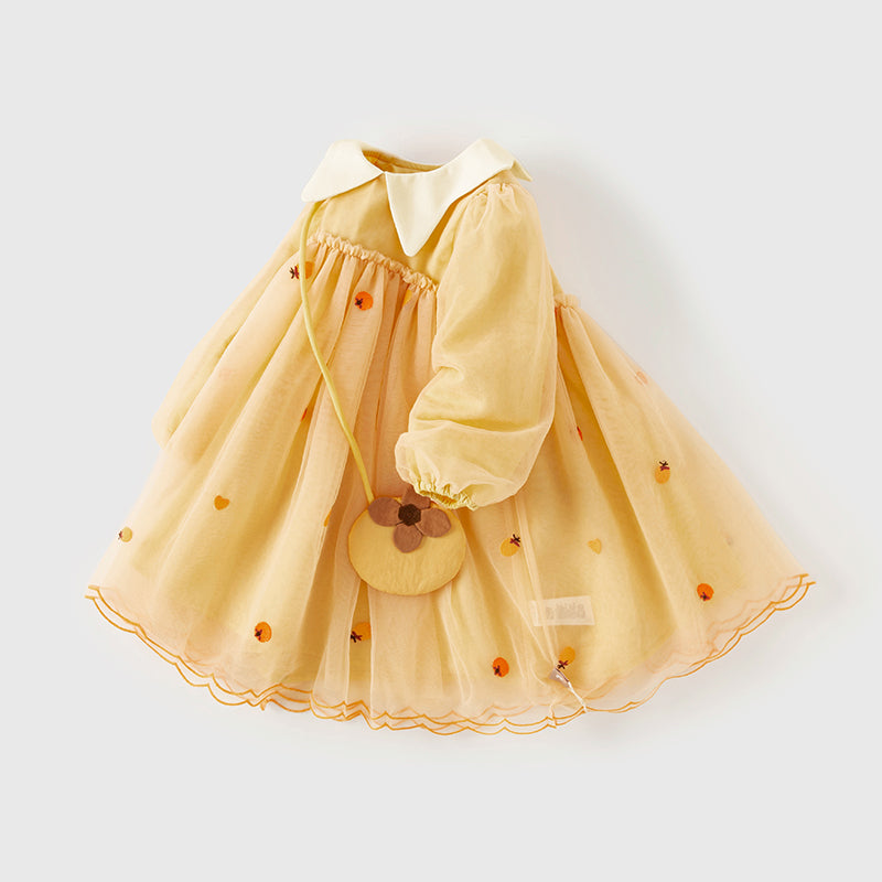 فستان بنات طويل الأكمام من التول باللون البرتقالي بأسلوب لطيف(يشمل حقيبة كروس)