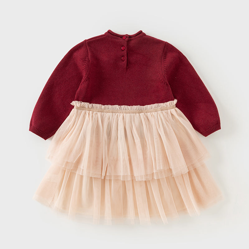 فستان بنات بأكمام طويلة من قماش محبوك باللون الخمري/الوردي الفاتح مع تنورة تول متعددة الطبقات بأسلوب غير رسمي