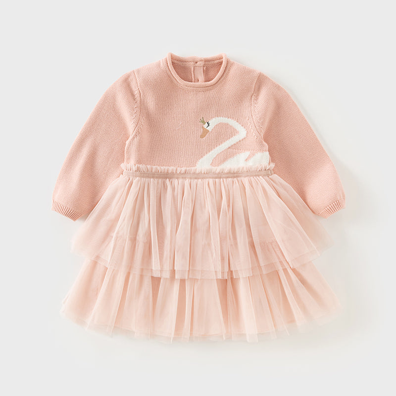 فستان بنات بأكمام طويلة من قماش محبوك باللون الخمري/الوردي الفاتح مع تنورة تول متعددة الطبقات بأسلوب غير رسمي