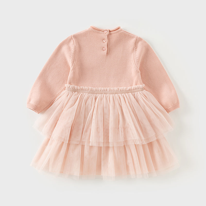 فستان بنات بأكمام طويلة من قماش محبوك باللون الخمري/الوردي الفاتح مع تنورة تول متعددة الطبقات بأسلوب غير رسمي