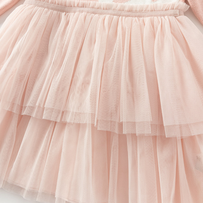 فستان بنات بأكمام طويلة من قماش محبوك باللون الخمري/الوردي الفاتح مع تنورة تول متعددة الطبقات بأسلوب غير رسمي