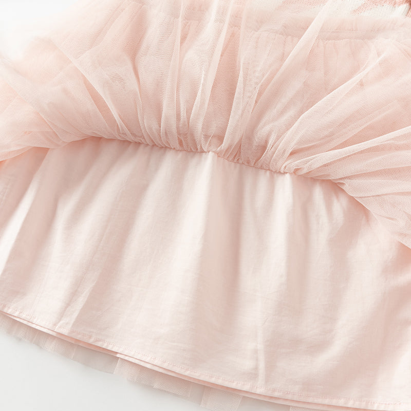 فستان بنات بأكمام طويلة من قماش محبوك باللون الخمري/الوردي الفاتح مع تنورة تول متعددة الطبقات بأسلوب غير رسمي