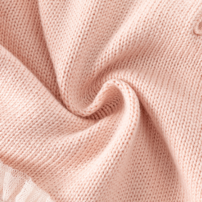 فستان بنات بأكمام طويلة من قماش محبوك باللون الخمري/الوردي الفاتح مع تنورة تول متعددة الطبقات بأسلوب غير رسمي