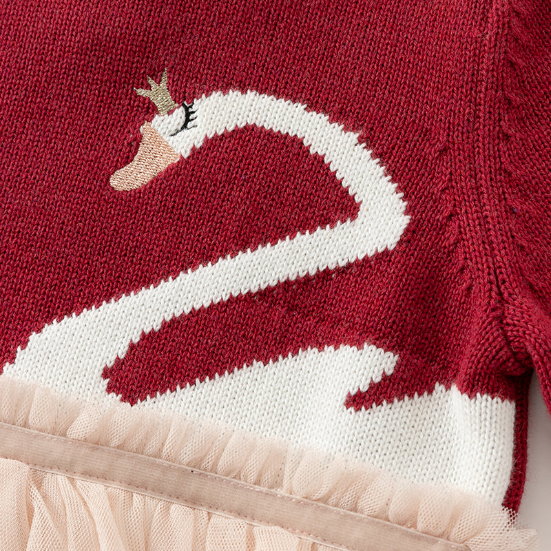 فستان بنات بأكمام طويلة من قماش محبوك باللون الخمري/الوردي الفاتح مع تنورة تول متعددة الطبقات بأسلوب غير رسمي