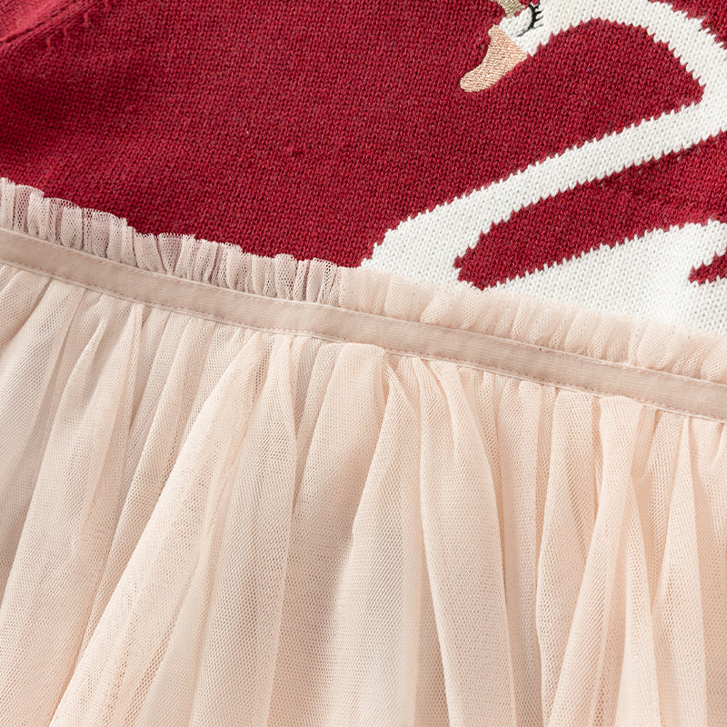 فستان بنات بأكمام طويلة من قماش محبوك باللون الخمري/الوردي الفاتح مع تنورة تول متعددة الطبقات بأسلوب غير رسمي