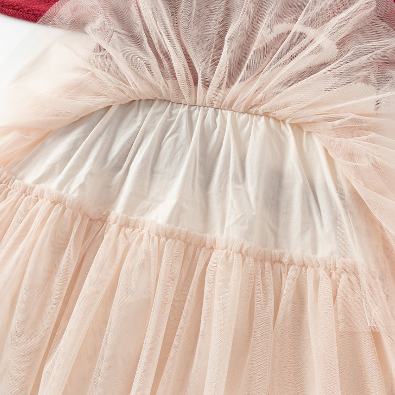 فستان بنات بأكمام طويلة من قماش محبوك باللون الخمري/الوردي الفاتح مع تنورة تول متعددة الطبقات بأسلوب غير رسمي