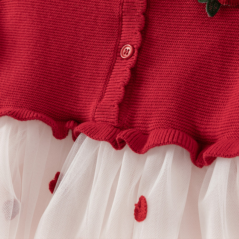 فستان أميرة للأطفال بأكمام طويلة من التريكو الأحمر مع تنورة من التول، مزين بنقاط حمراء على شكل قلوب