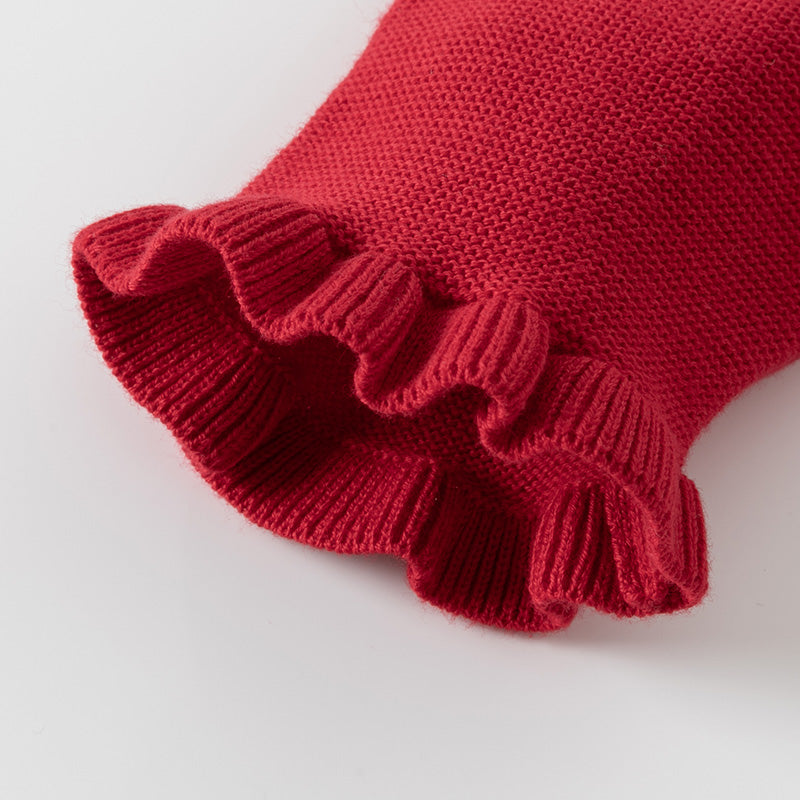 فستان أميرة للأطفال بأكمام طويلة من التريكو الأحمر مع تنورة من التول، مزين بنقاط حمراء على شكل قلوب