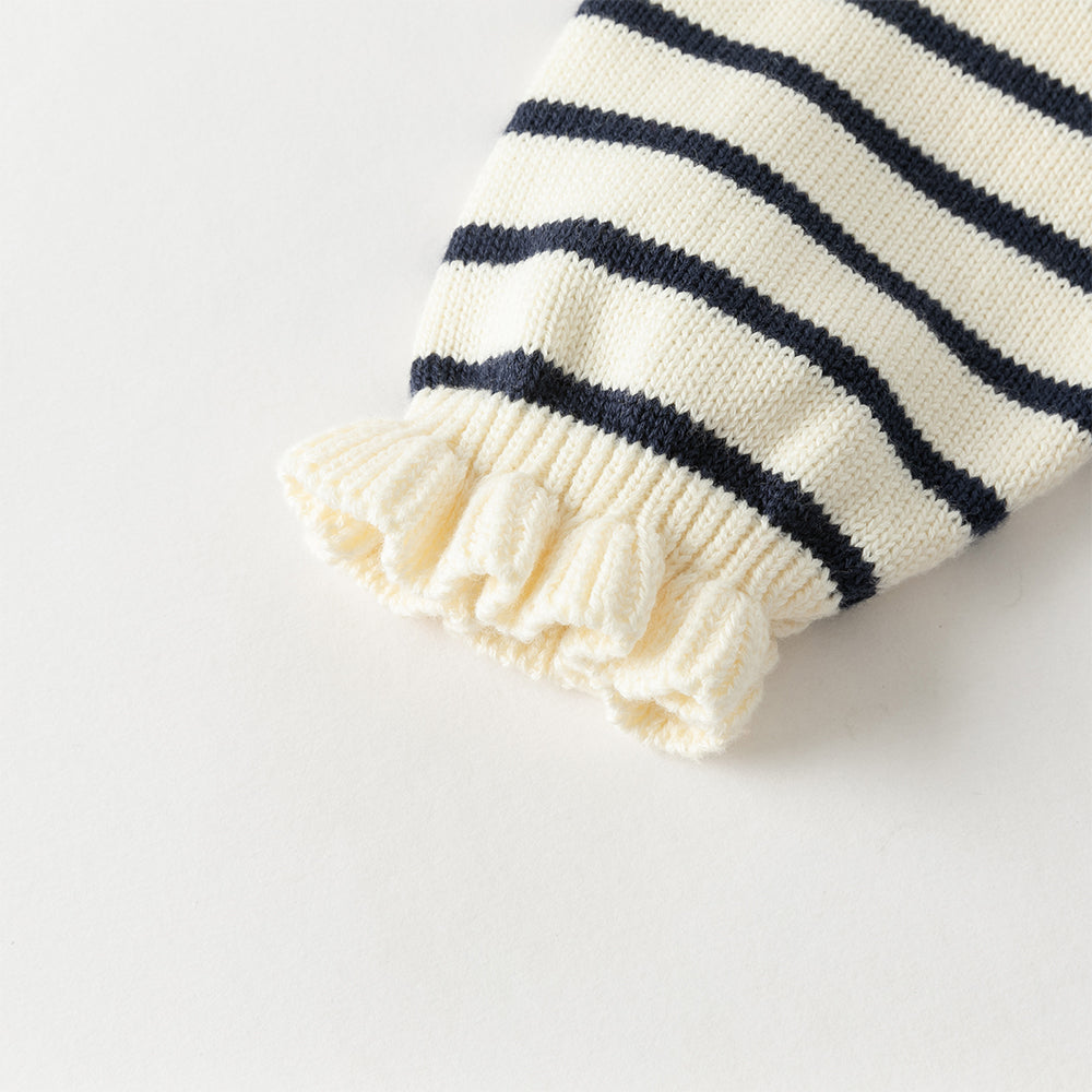 فستان للأطفال بأكمام طويلة من قماش مخطط باللون الكحلي مع تنورة من التول، بطابع بحري