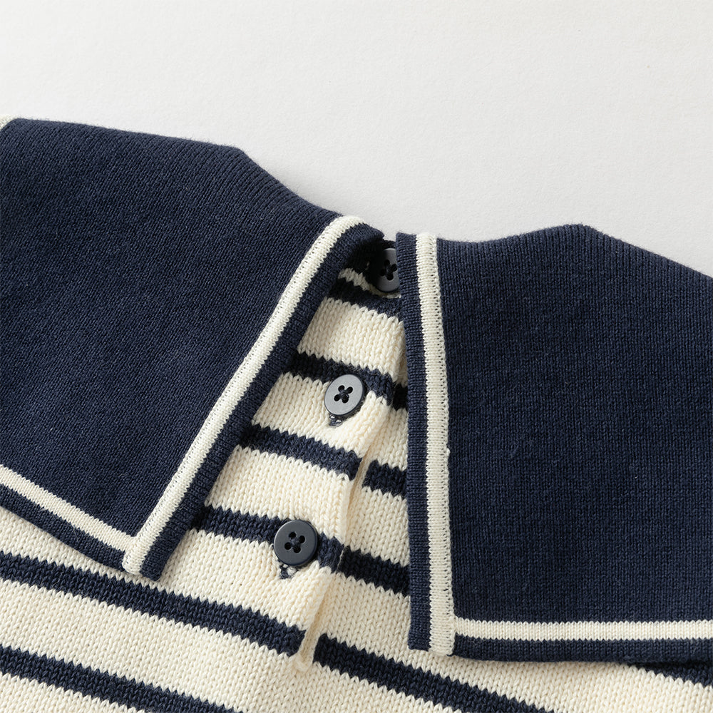 فستان للأطفال بأكمام طويلة من قماش مخطط باللون الكحلي مع تنورة من التول، بطابع بحري