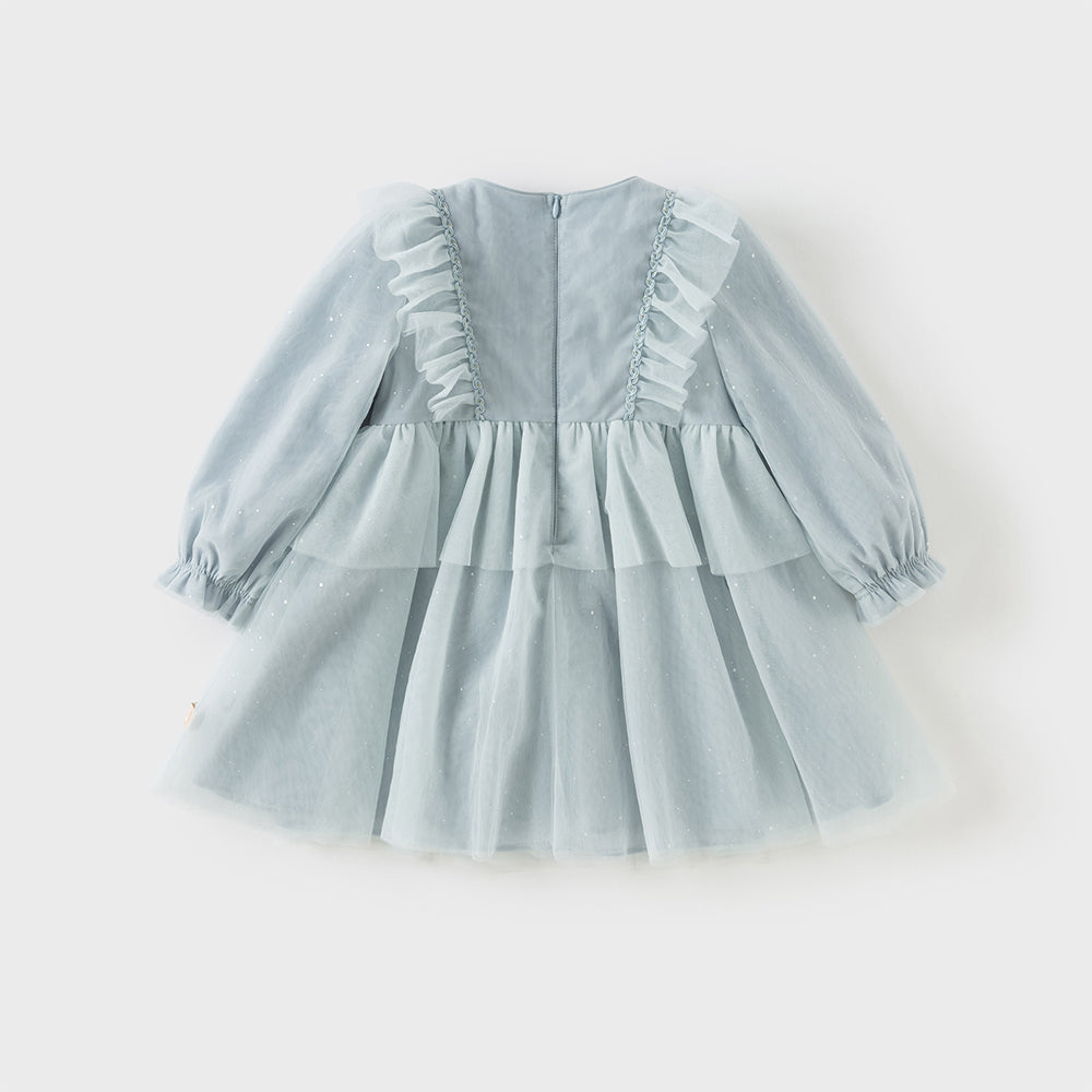 فستان للبنات الصغيرات بأكمام طويلة من التول باللون الرمادي الأزرق بتصميم أميري مزين بعقدة ودانتيل الزهور