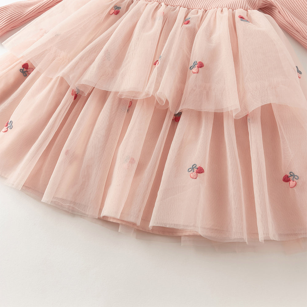 فستان أميرة للأطفال على شكل A بأكمام طويلة من التريكو الوردي مع تنورة من التول، مزود بكتفية مطابقة للزينة