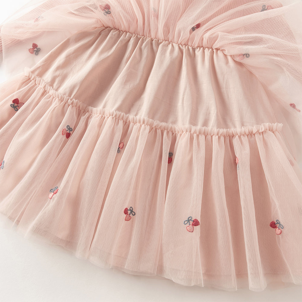 فستان أميرة للأطفال على شكل A بأكمام طويلة من التريكو الوردي مع تنورة من التول، مزود بكتفية مطابقة للزينة