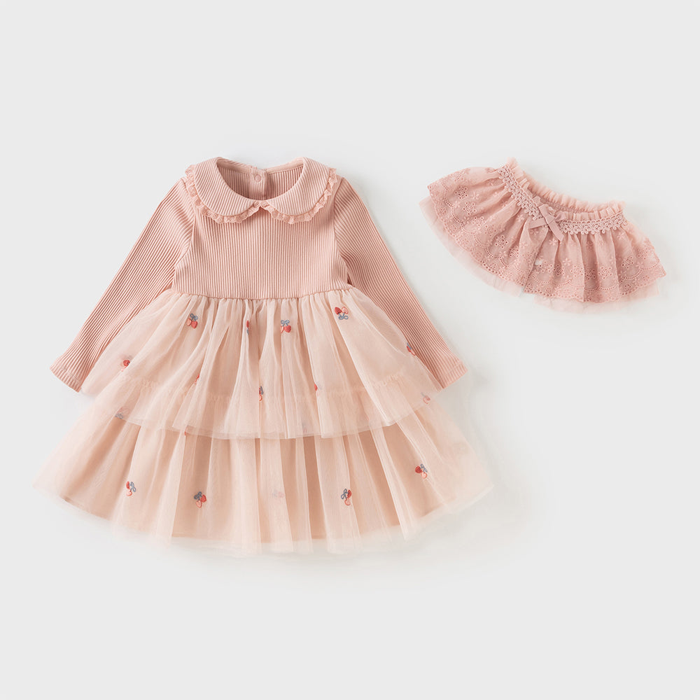 فستان أميرة للأطفال على شكل A بأكمام طويلة من التريكو الوردي مع تنورة من التول، مزود بكتفية مطابقة للزينة