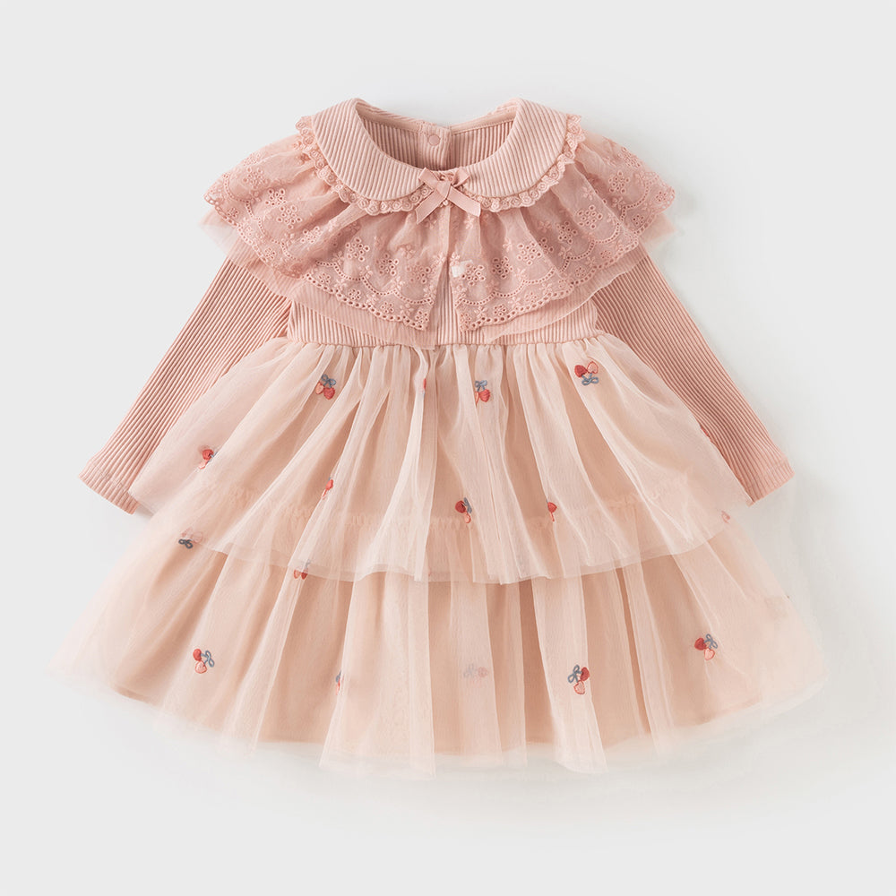 فستان أميرة للأطفال على شكل A بأكمام طويلة من التريكو الوردي مع تنورة من التول، مزود بكتفية مطابقة للزينة