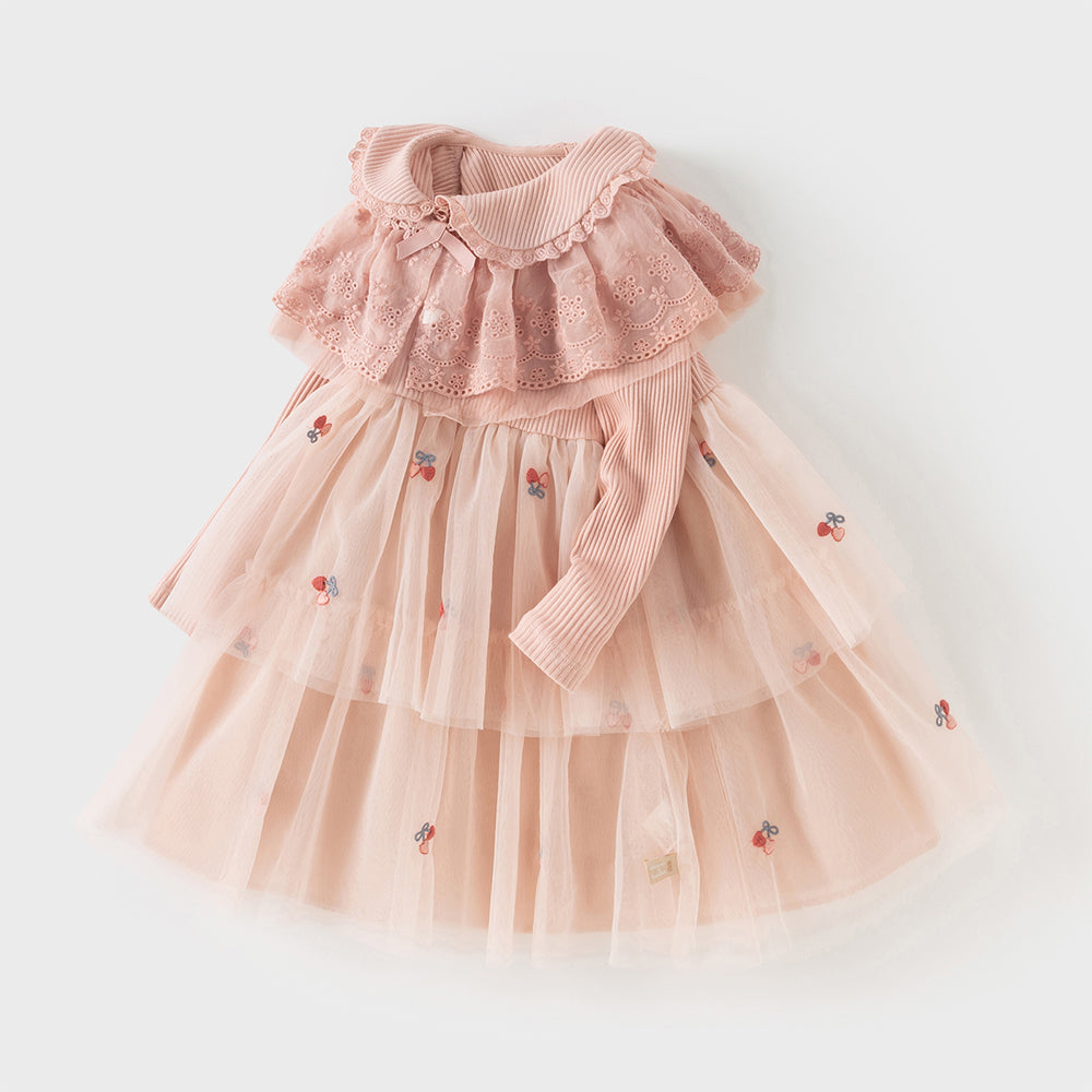 فستان أميرة للأطفال على شكل A بأكمام طويلة من التريكو الوردي مع تنورة من التول، مزود بكتفية مطابقة للزينة