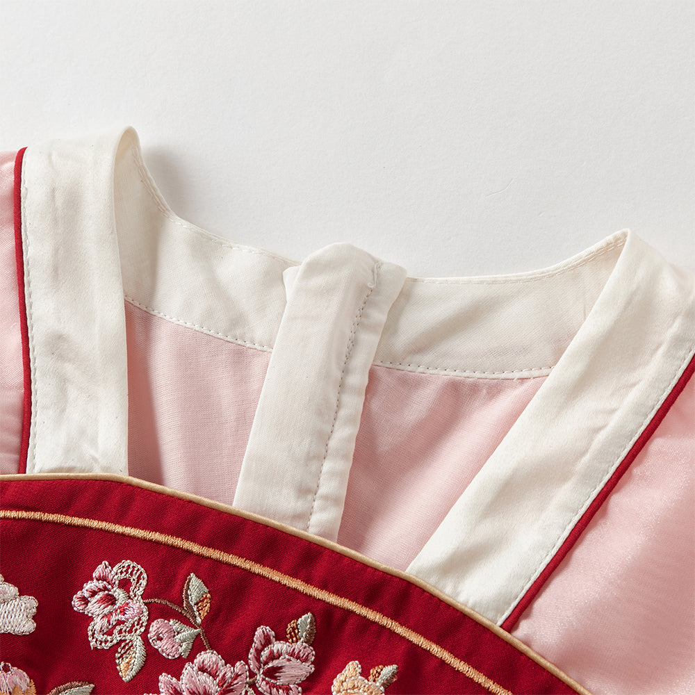 فستان بنات طويل الأكمام من التول باللون الأحمر الداكن بأسلوب صيني عصري (يشمل زينة تدلي من الخيوط الصينية)