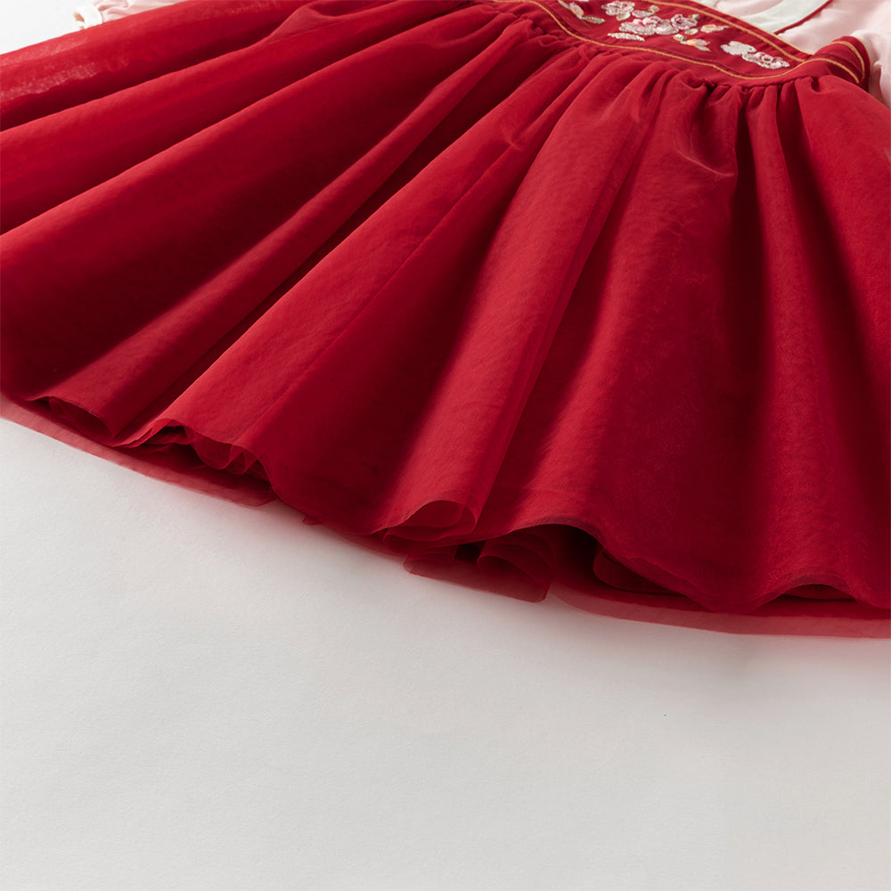 فستان بنات طويل الأكمام من التول باللون الأحمر الداكن بأسلوب صيني عصري (يشمل زينة تدلي من الخيوط الصينية)