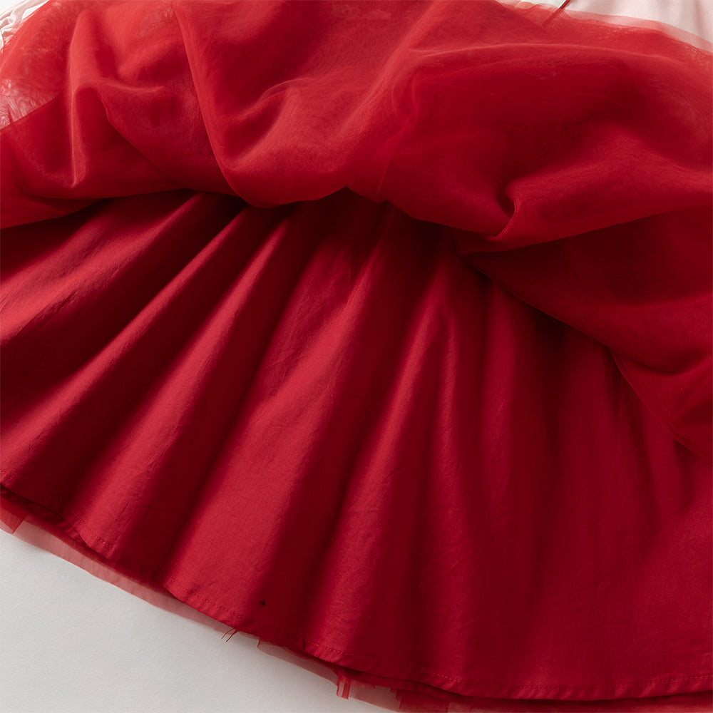 فستان بنات طويل الأكمام من التول باللون الأحمر الداكن بأسلوب صيني عصري (يشمل زينة تدلي من الخيوط الصينية)