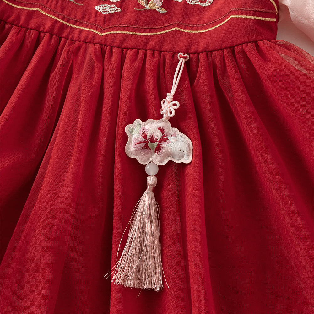 فستان بنات طويل الأكمام من التول باللون الأحمر الداكن بأسلوب صيني عصري (يشمل زينة تدلي من الخيوط الصينية)