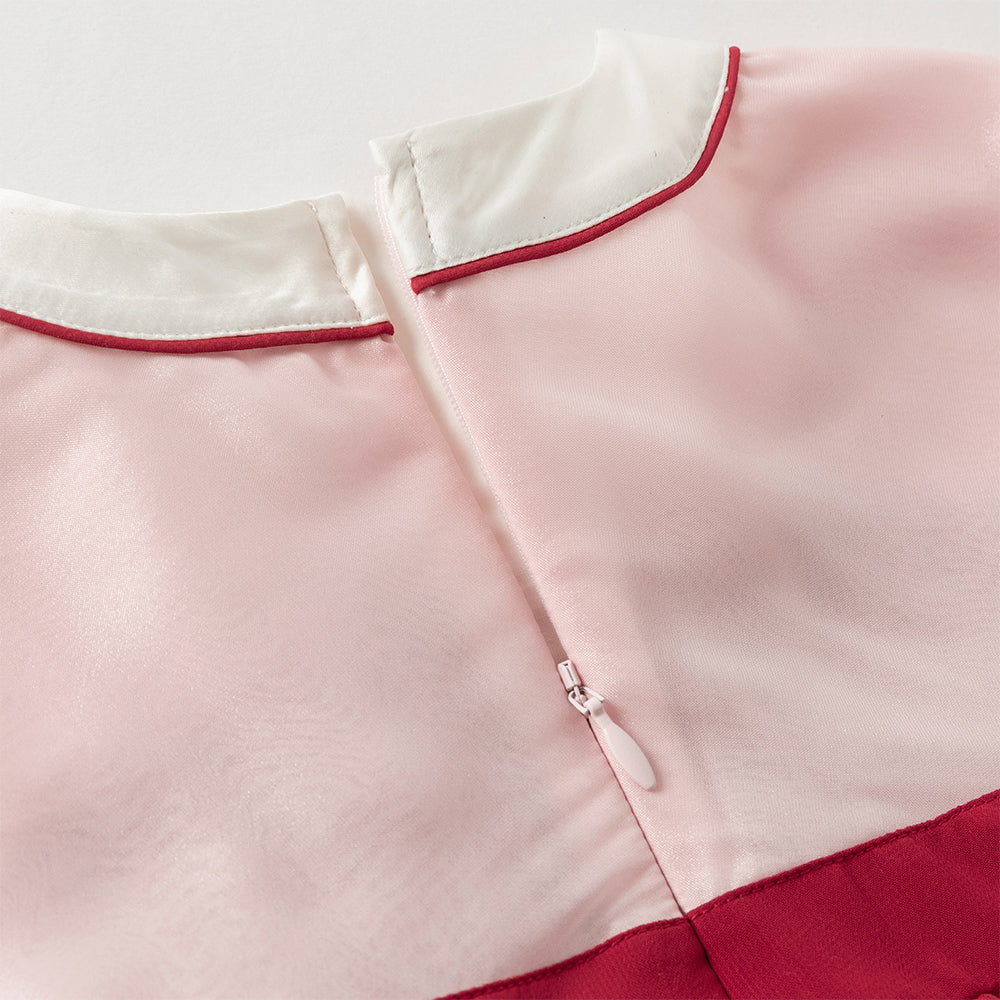 فستان بنات طويل الأكمام من التول باللون الأحمر الداكن بأسلوب صيني عصري (يشمل زينة تدلي من الخيوط الصينية)