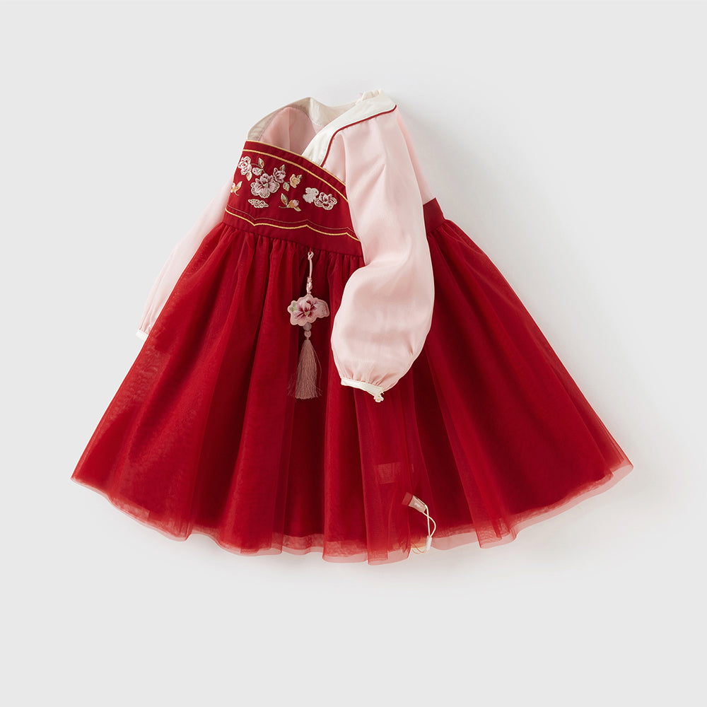 فستان بنات طويل الأكمام من التول باللون الأحمر الداكن بأسلوب صيني عصري (يشمل زينة تدلي من الخيوط الصينية)