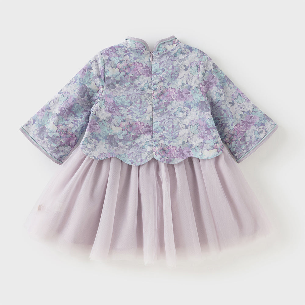 فستان بنات طويل الأكمام من قماش مزخرف بالزهور البنفسجية مع تنورة تول بأسلوب أميرة تصميم صيني عصري