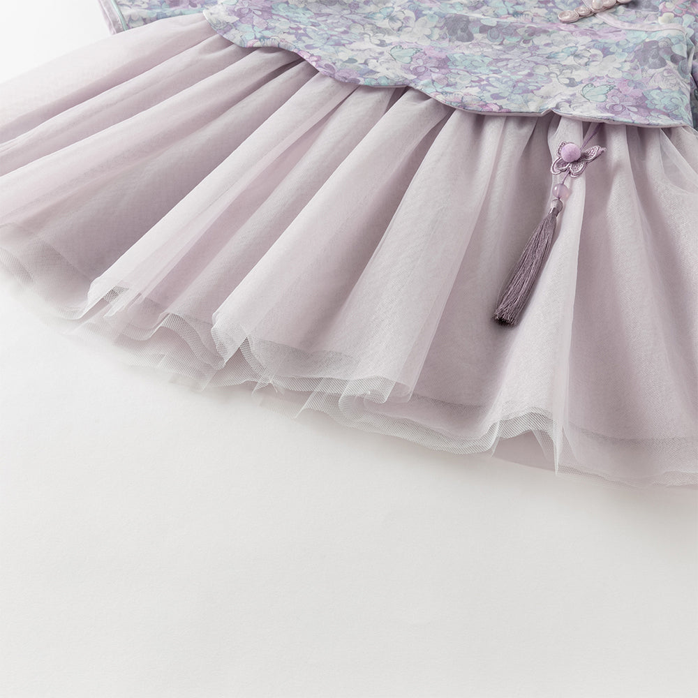 فستان بنات طويل الأكمام من قماش مزخرف بالزهور البنفسجية مع تنورة تول بأسلوب أميرة تصميم صيني عصري