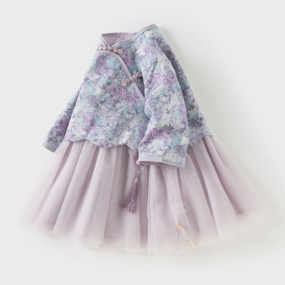 فستان بنات طويل الأكمام من قماش مزخرف بالزهور البنفسجية مع تنورة تول بأسلوب أميرة تصميم صيني عصري