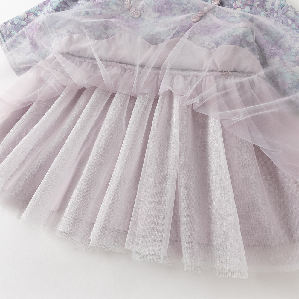 فستان بنات طويل الأكمام من قماش مزخرف بالزهور البنفسجية مع تنورة تول بأسلوب أميرة تصميم صيني عصري