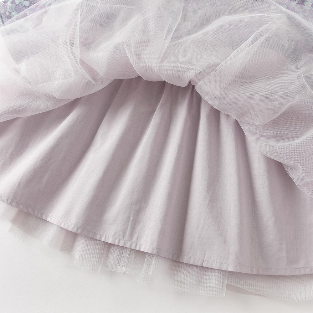 فستان بنات طويل الأكمام من قماش مزخرف بالزهور البنفسجية مع تنورة تول بأسلوب أميرة تصميم صيني عصري